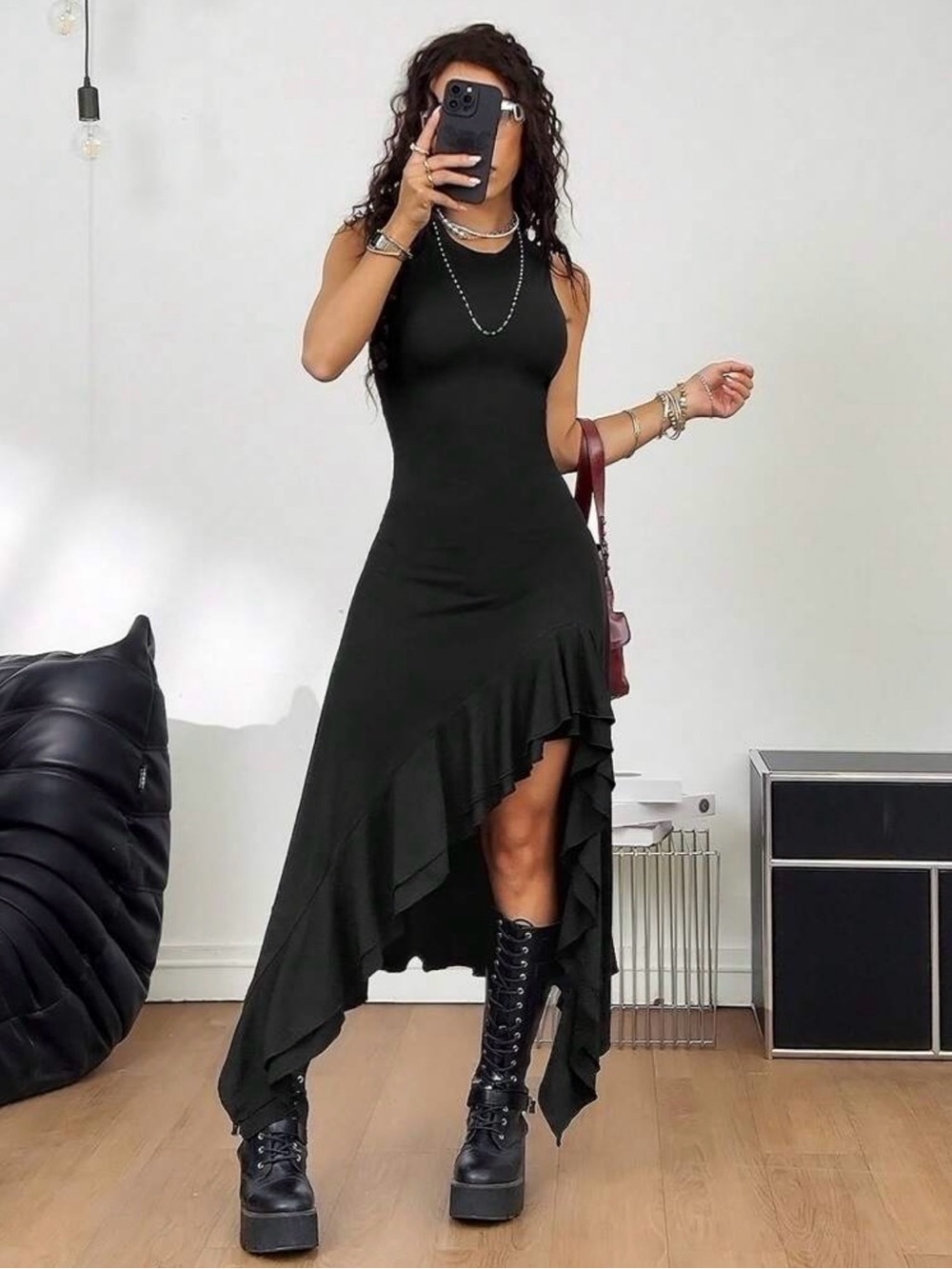 SHEIN Black Knit Sleeveless Long Dress with Asymmetrical Ruffle Hem NWOT Size M